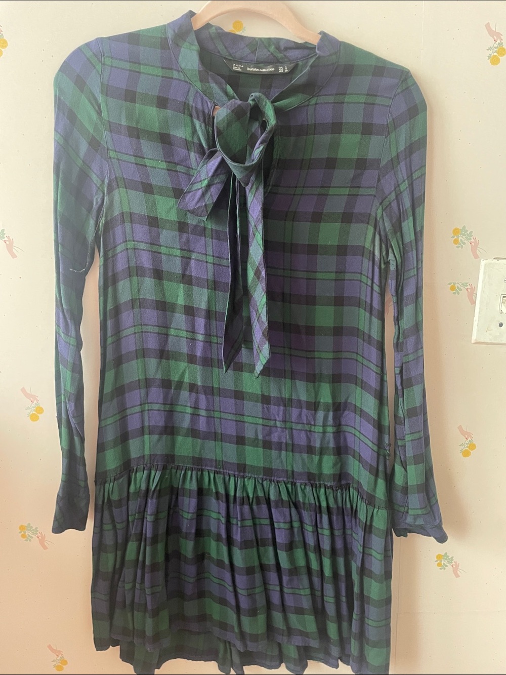 Zara Green & Navy Plaid Tie-Neck Mini Dress